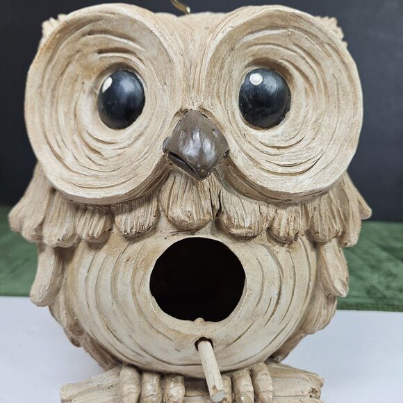 Vtg Carved Garden Hanging Owl Decor Small Nesting Resin Bird House Outdoor Cream - Picture 5 of 12